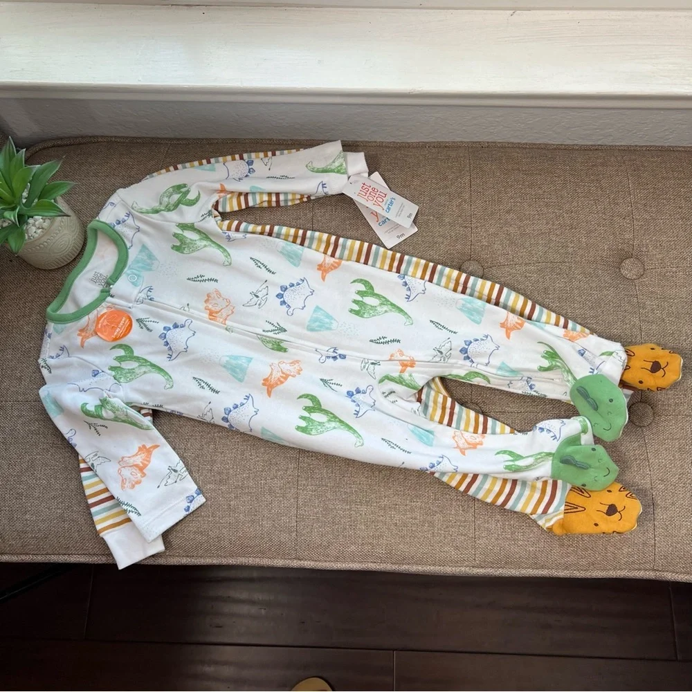 NWTCat And Jack Footed Pajamas Boys Little Brother Spell &  White Green Dinosaur